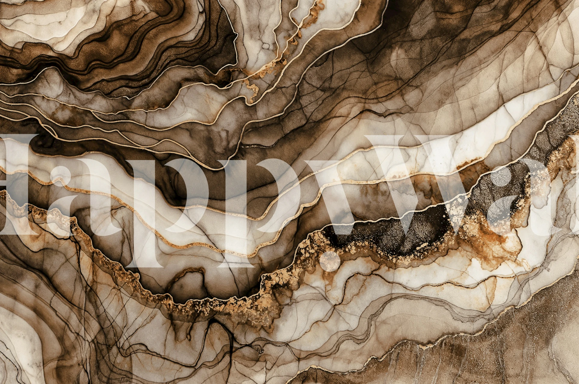 Brown marble wallpaper with flowing white and gold lines