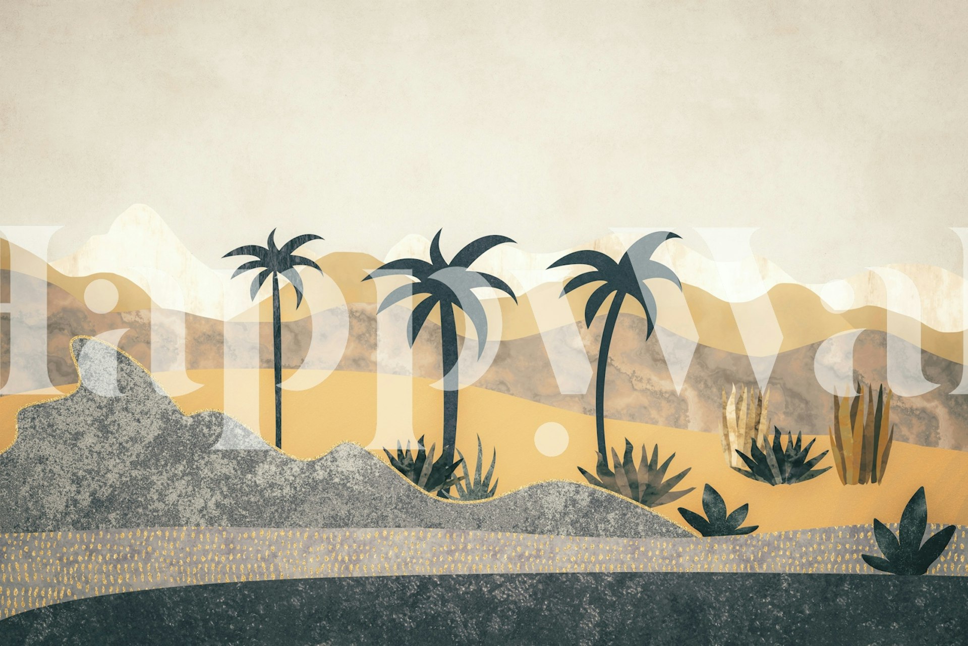 Desert oasis with palm trees and mountains in earthy colors wallpaper