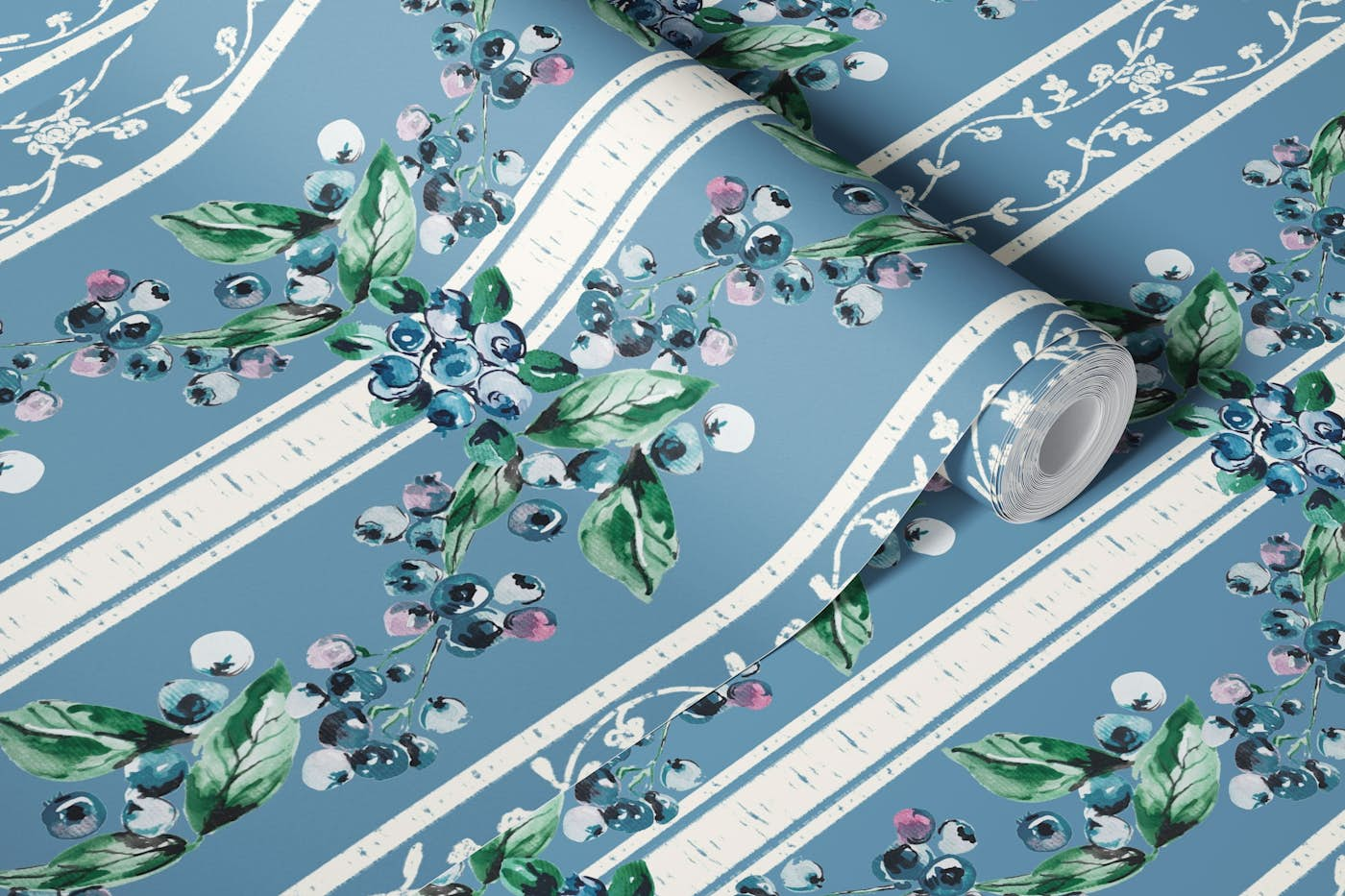 Blueberries Stripes in Blue wallpaper roll