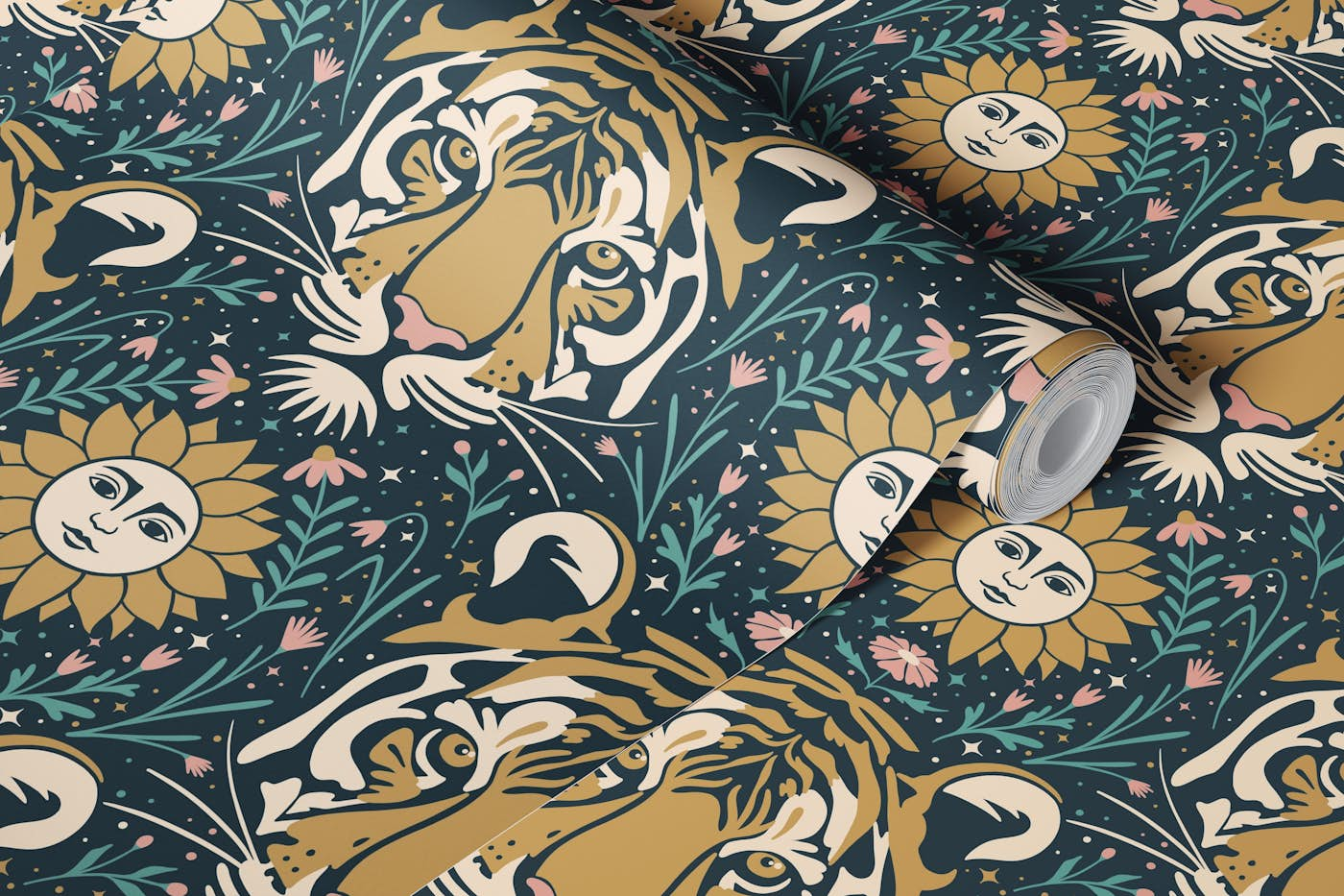 Celestial dark tiger midnight teal mustard wallpaper roll