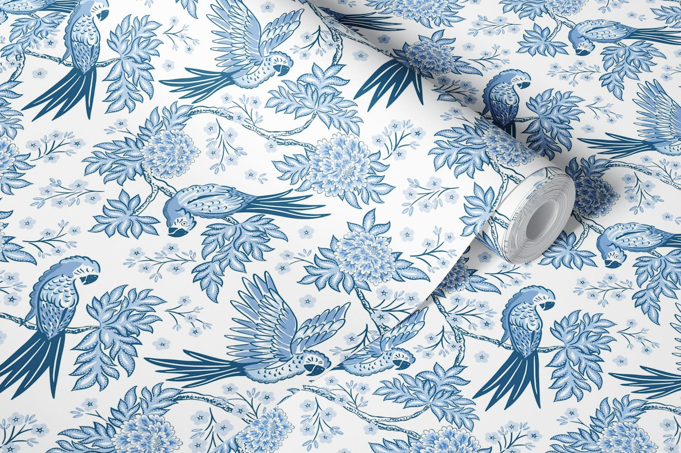 Parrot garden - blue and white wallpaper roll