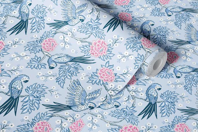 Parrot garden - blue and pinkwallpaper roll