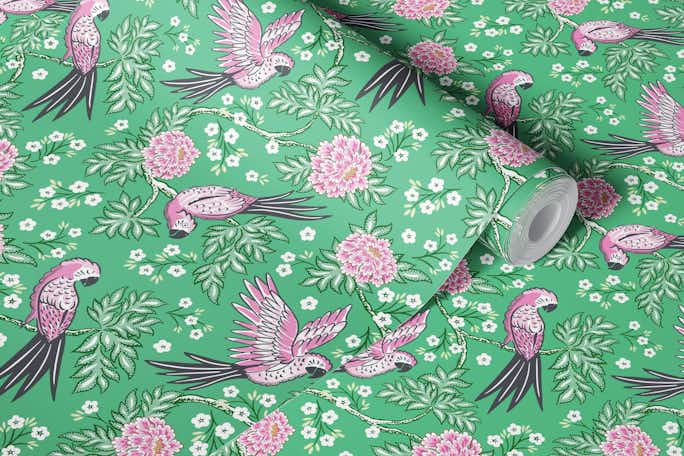 Parrot garden - pink and greenwallpaper roll