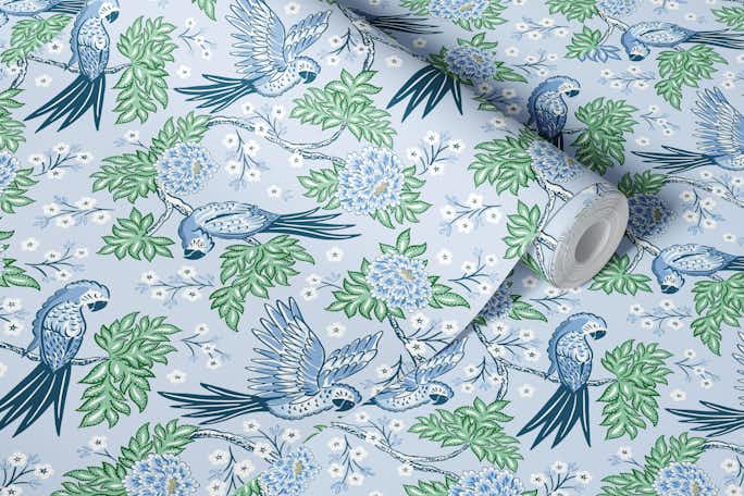 Parrot garden - blue and greenwallpaper roll
