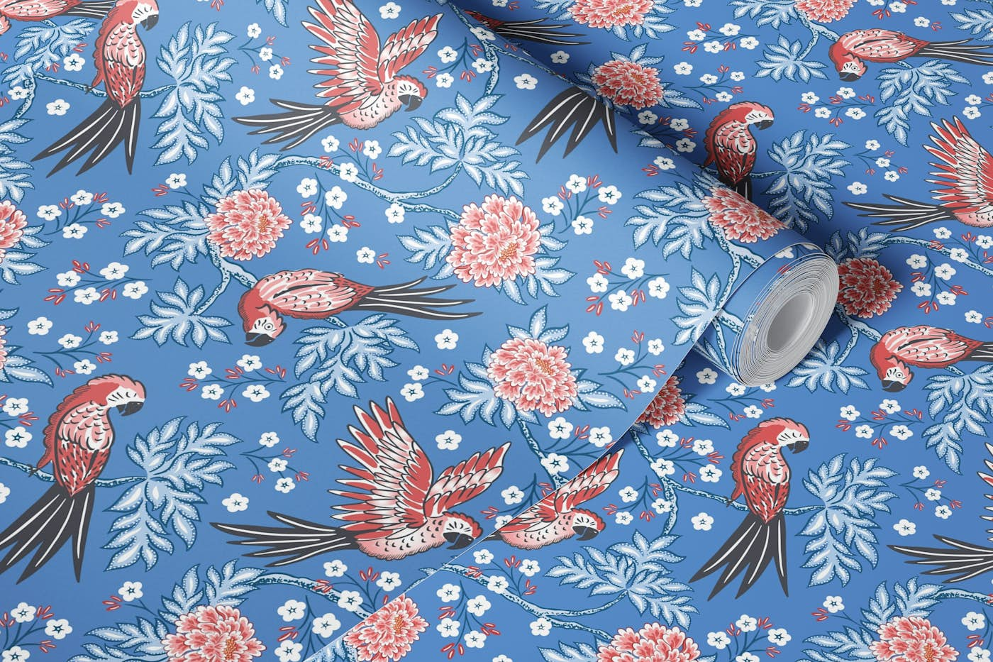 Parrot garden - blue and red wallpaper roll