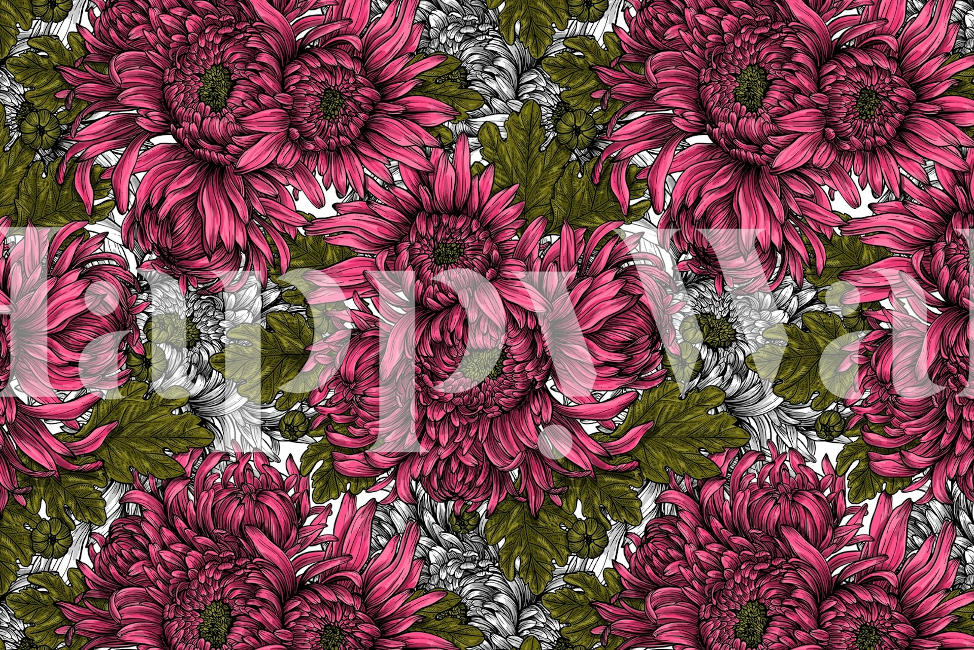 A wall mural with a pattern of pink chrysanthemum flowers on a grey background.