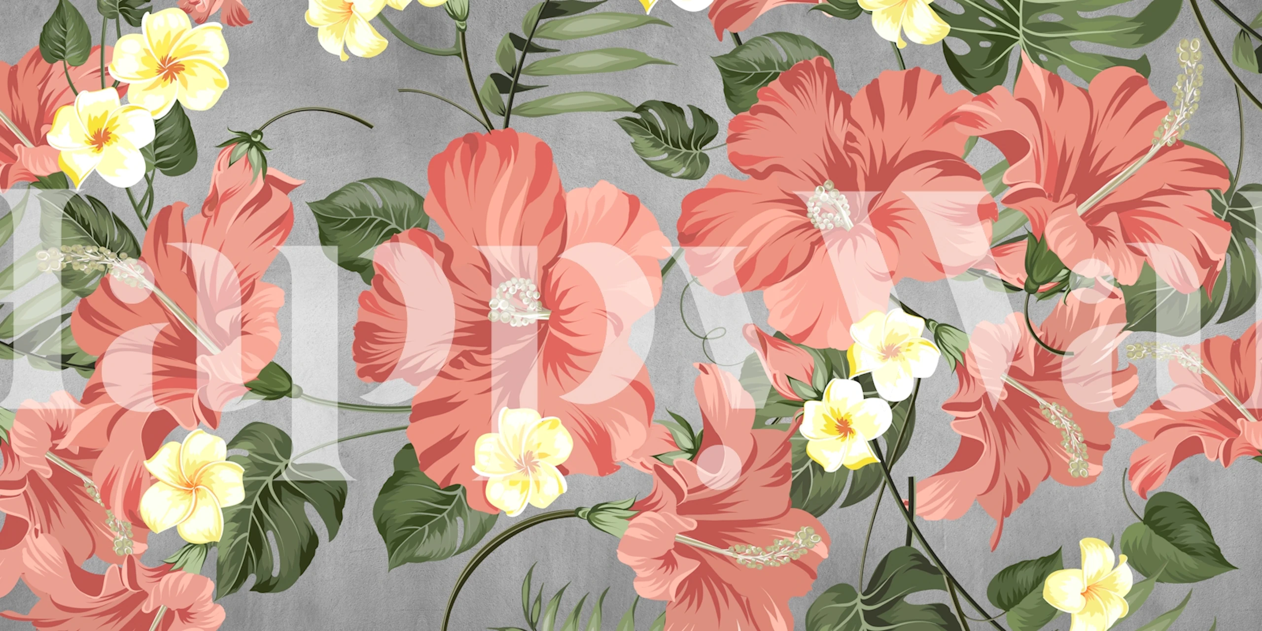 Pink hibiscus flowers, yellow blooms, green leaves wallpaper