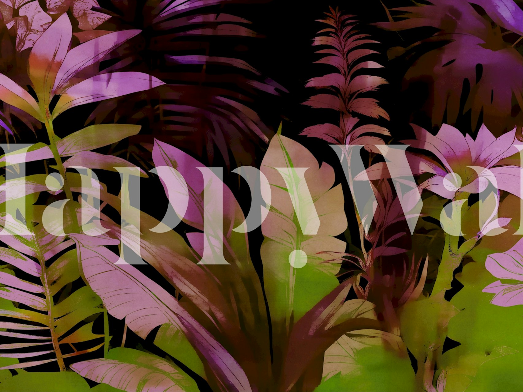 Tropical floral leaves in green and pink on black wallpaper