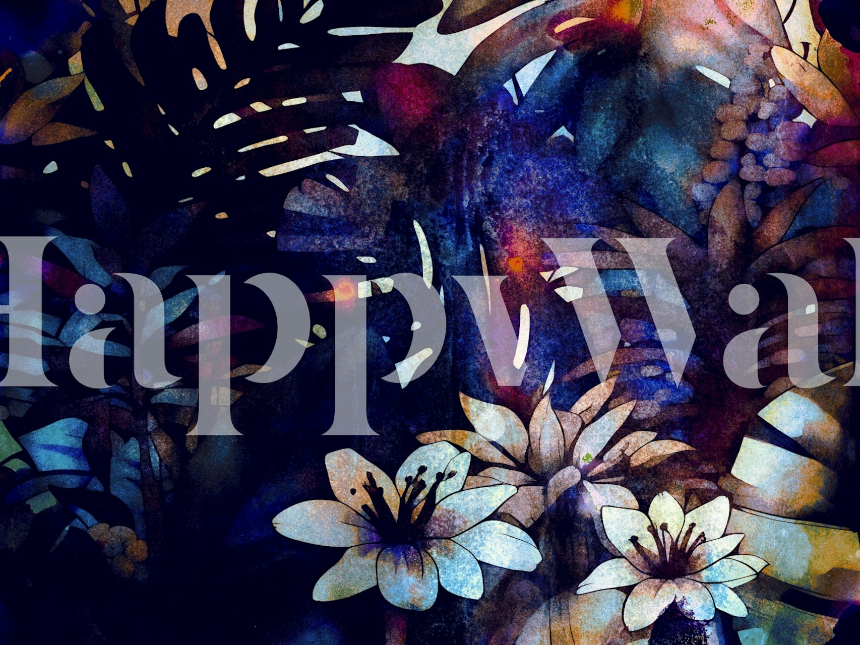 Mystical dark-hued wall mural with tropical grunge floral design