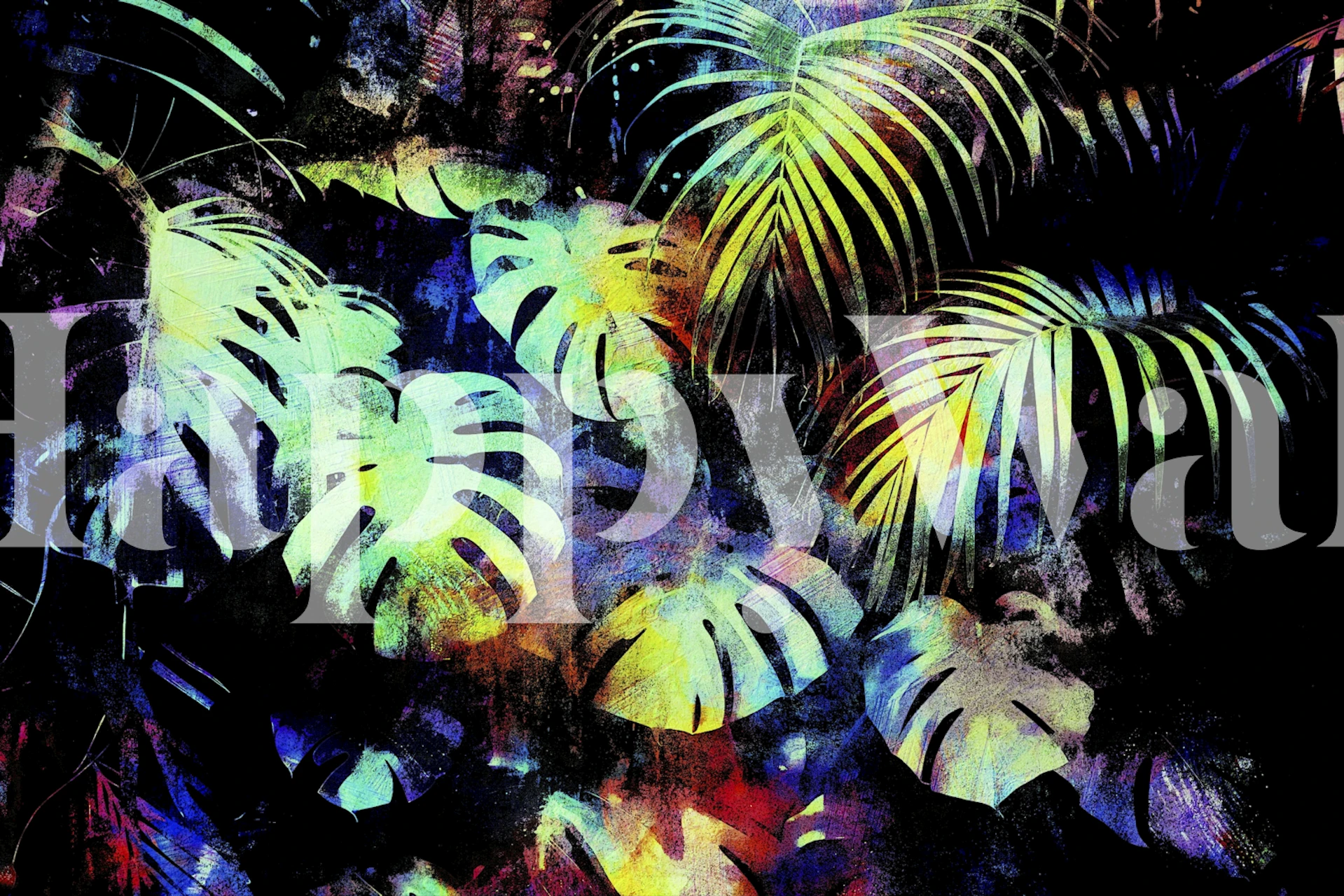 Regenwaldblätter mit Grunge-Textur in dunklen und lebendigen Farben