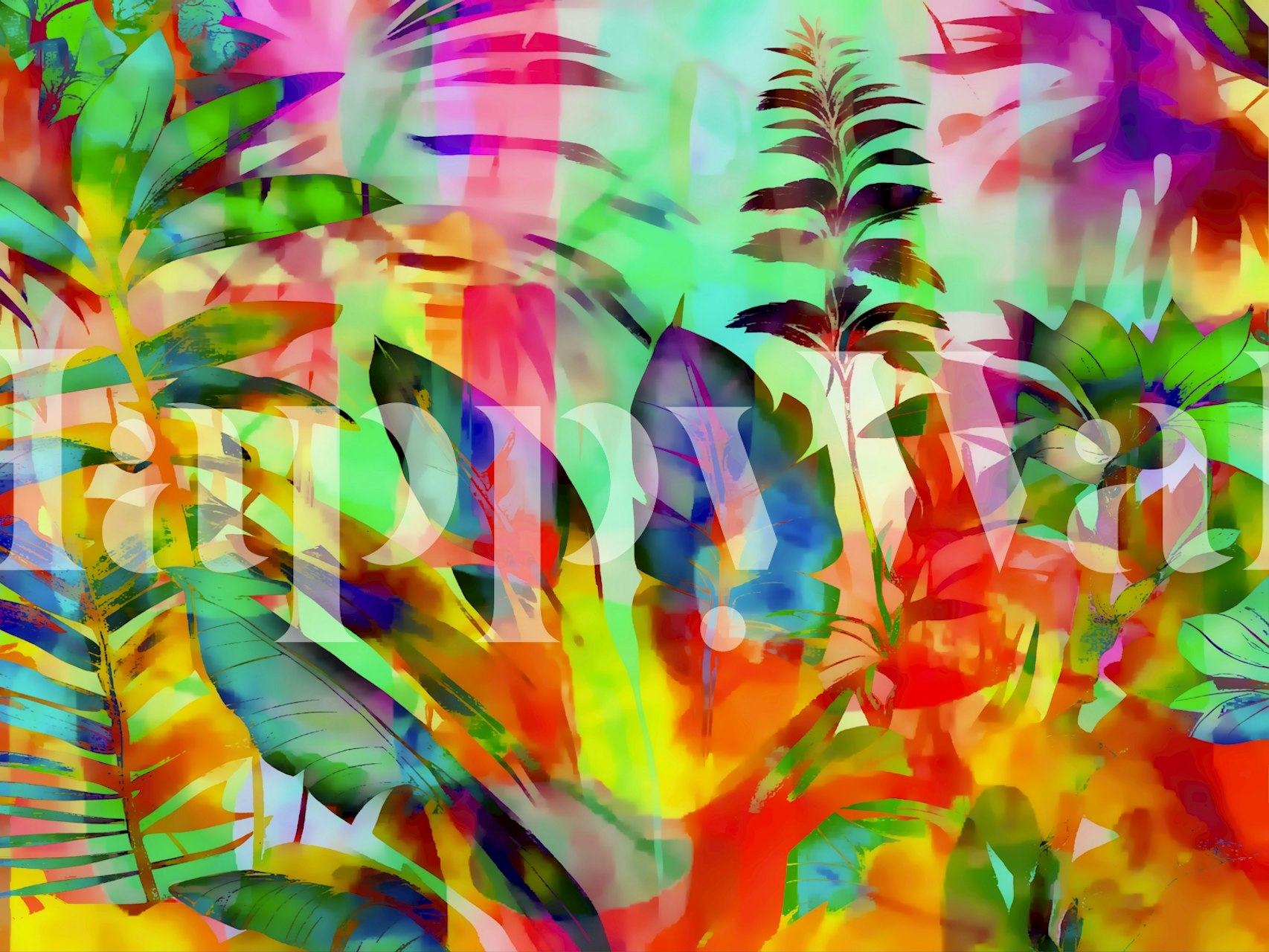 Tropical leaves in vibrant colors: green, pink, orange, and blue wallpaper