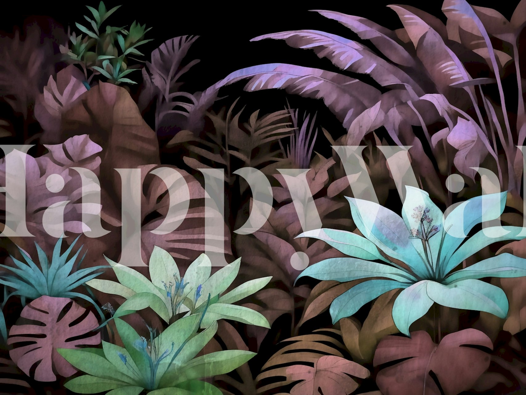 Tropical floral wallpaper with green and purple leaves