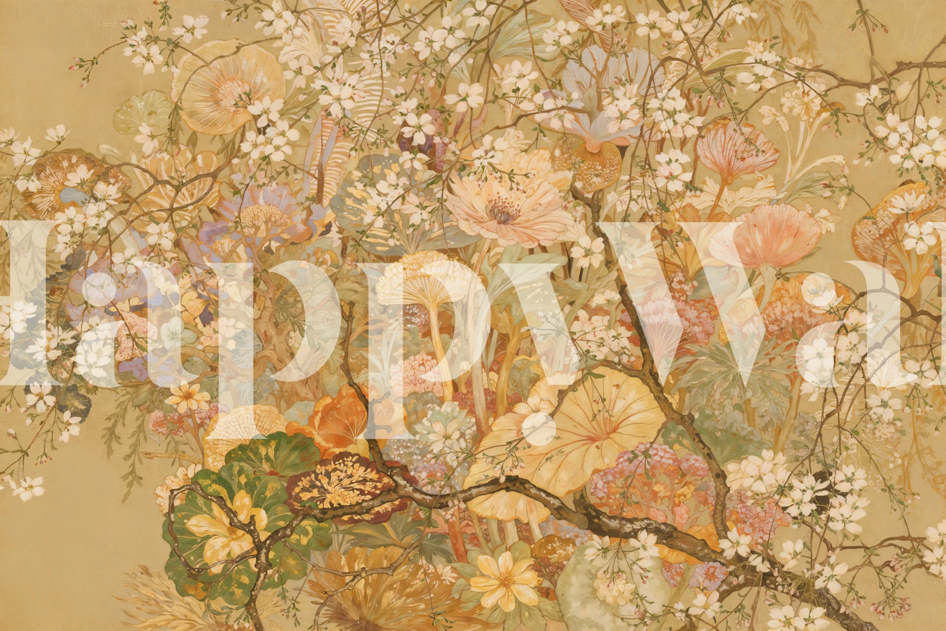 Tropical floral wallpaper with green and purple leaves