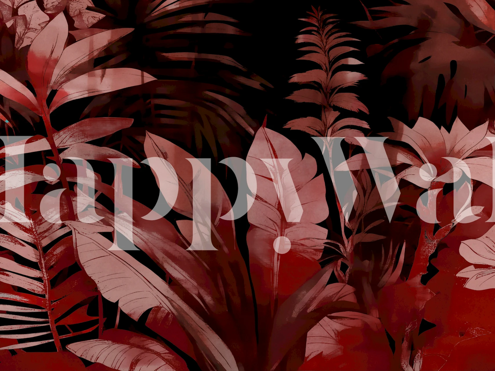 Moody botanical wall mural in deep red shades with lush foliage design