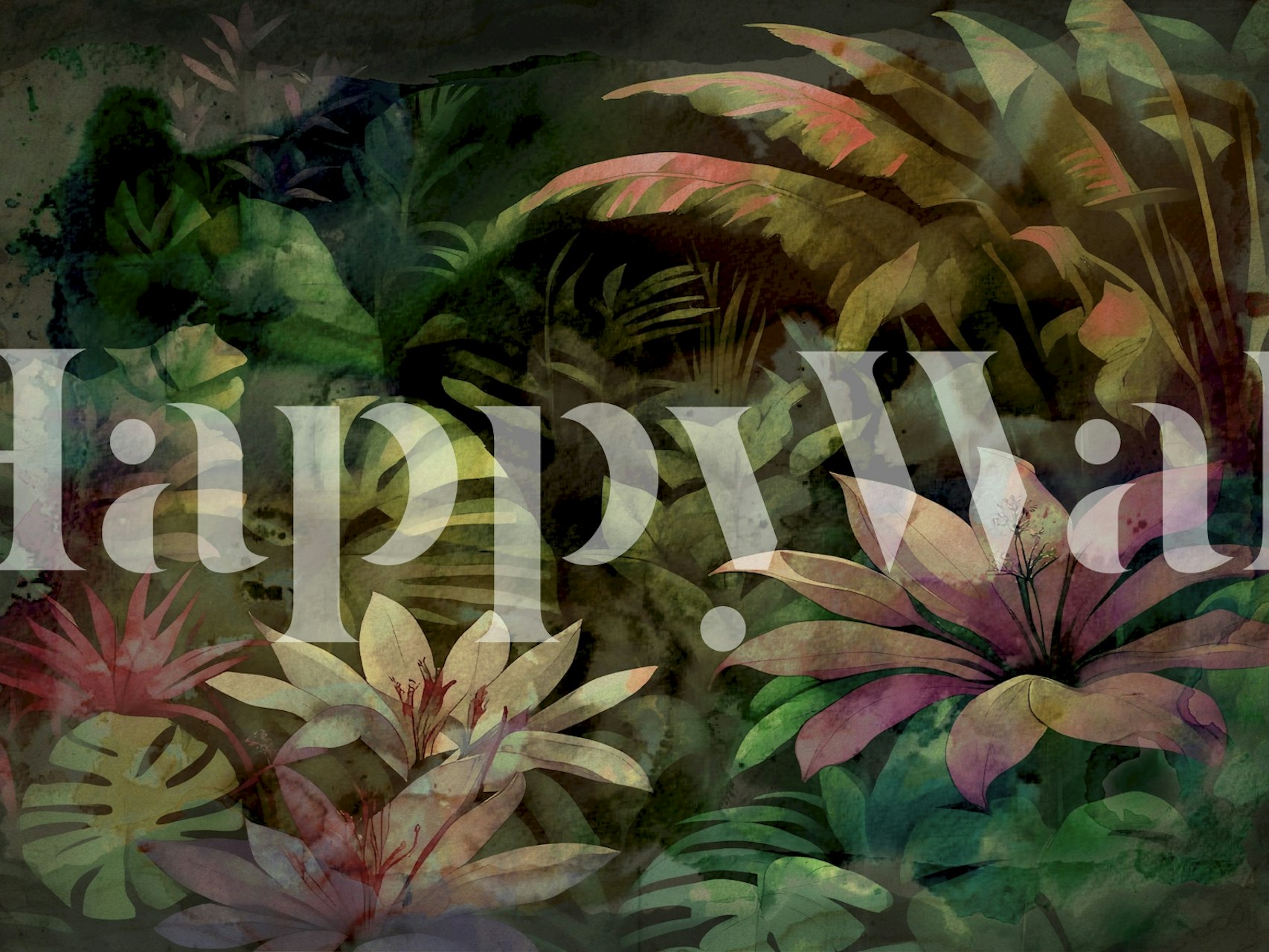 Moody jungle floral wallpaper featuring colorful plants and leaves