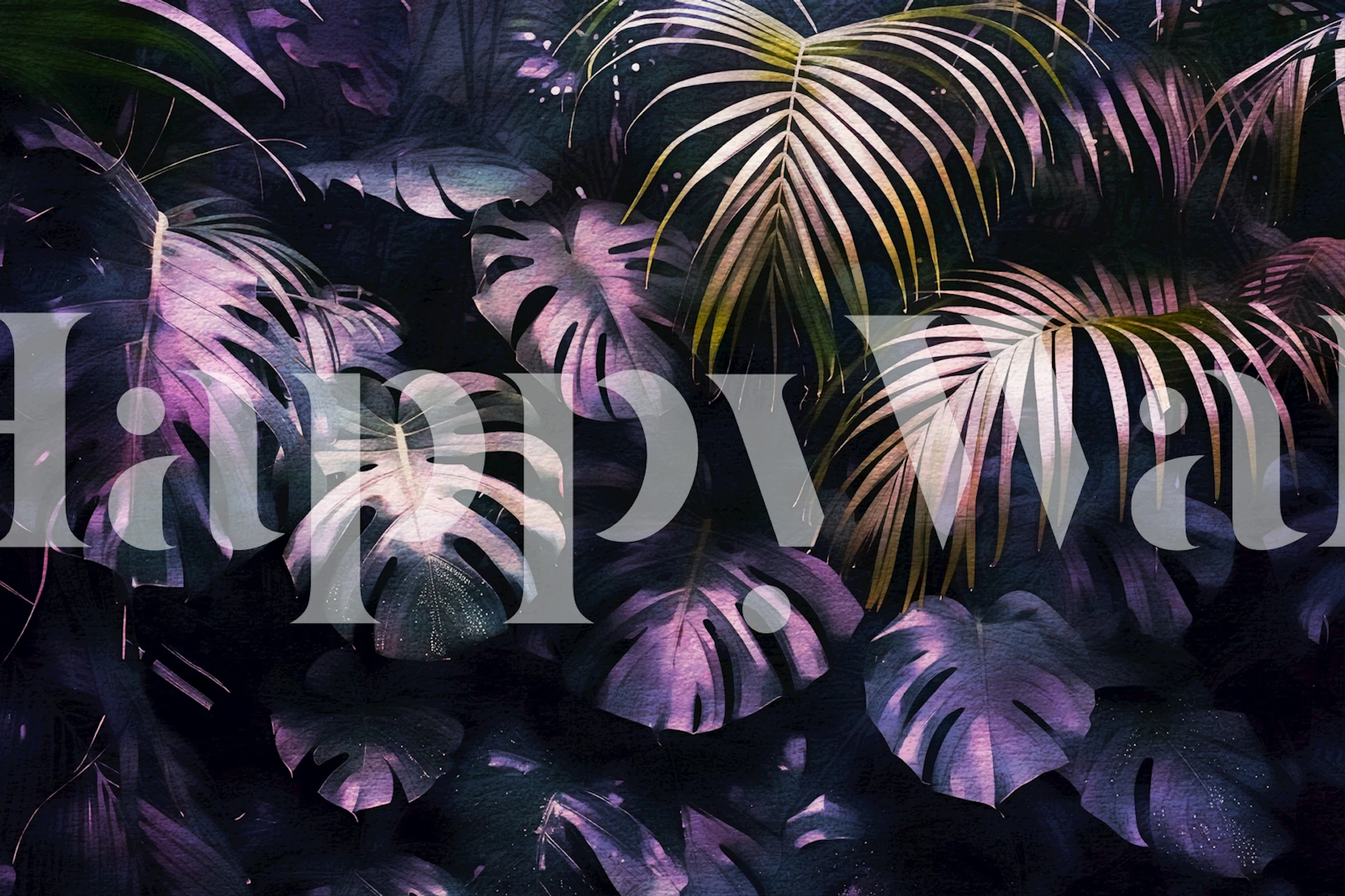 Muted green and purple jungle foliage wall mural