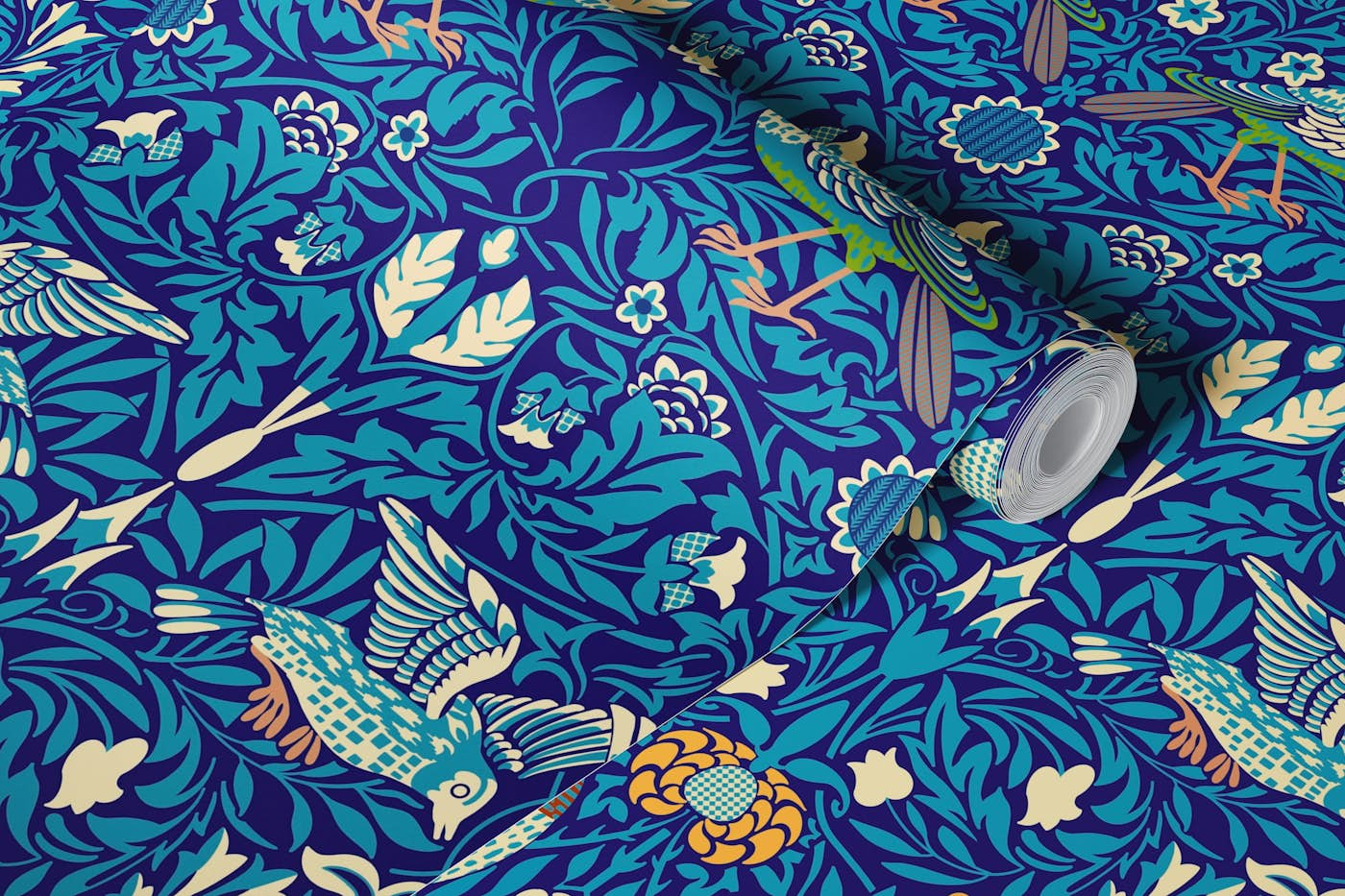 Victorian Birds Pattern - Blue wallpaper roll