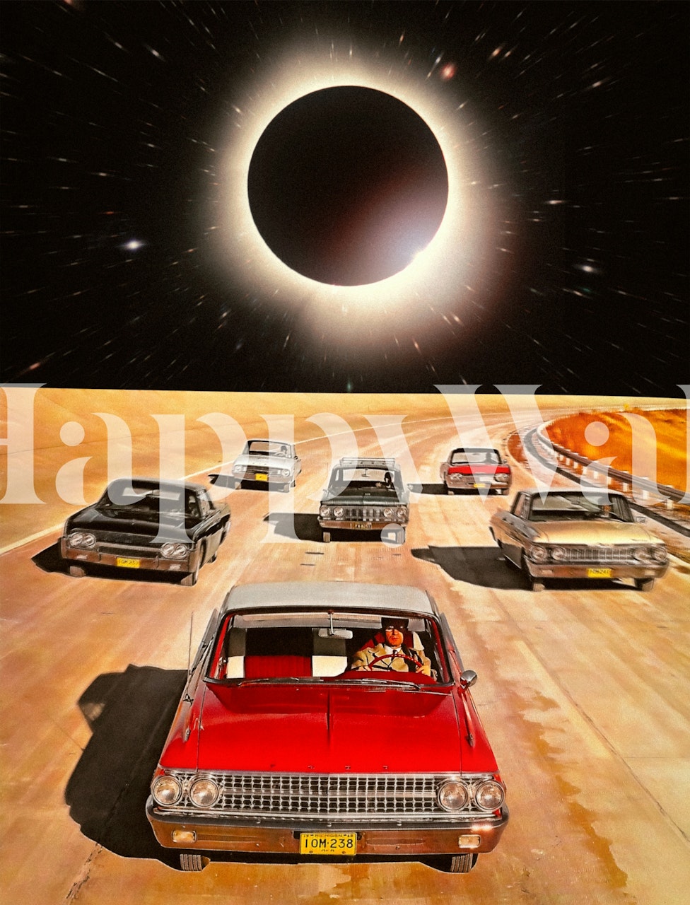 Retro cars driving towards a cosmic eclipse in space wallpaper