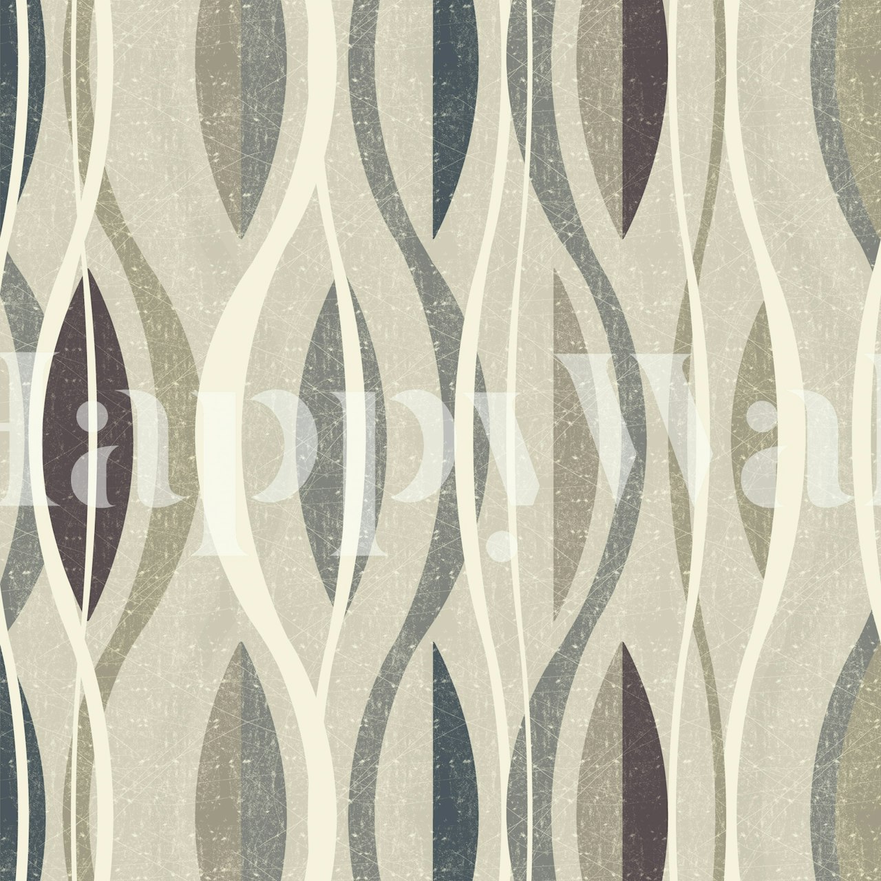 Abstrakt veggmaleri med organiske former i nøytrale toner med hint av dypere blå og lilla