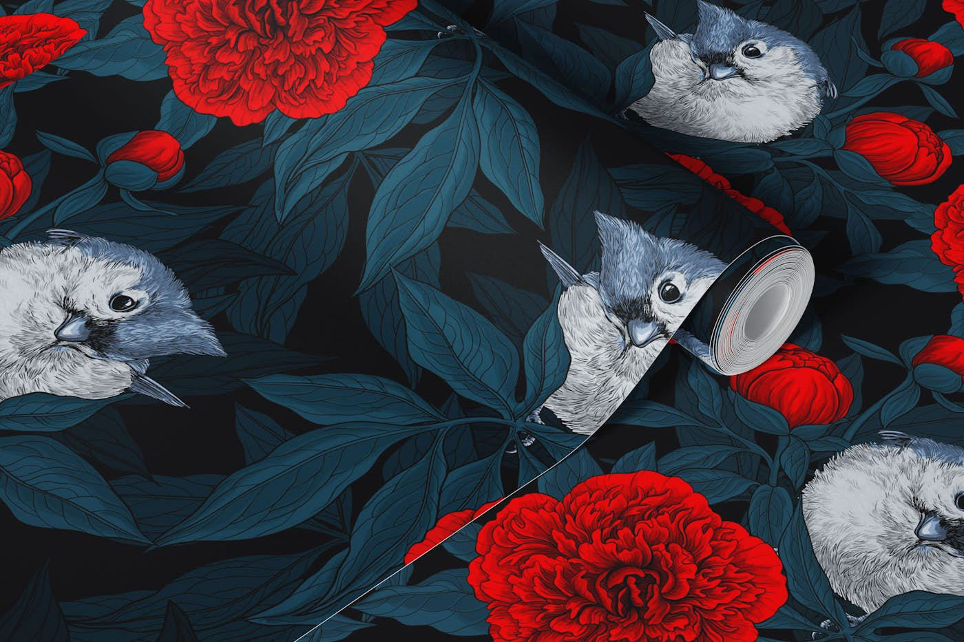 Birds and red peony flowers with blue leaves wallpaper roll