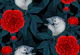 Birds and red peony flowers with blue leaves