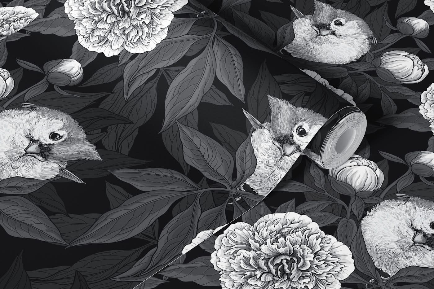 Birds and peony flowers monochrome, gray wallpaper roll