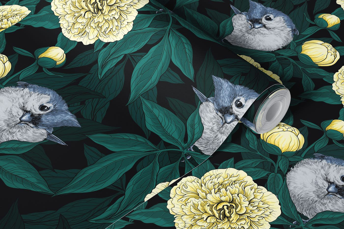 Birds and yellow peony flowers wallpaper roll