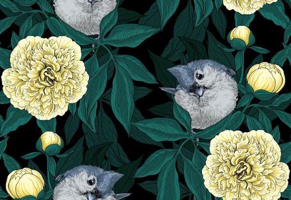 Birds and yellow peony flowers
