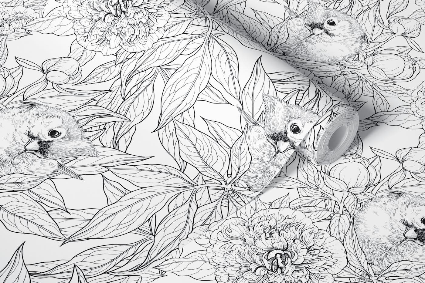 Birds and peony flowers in black and white wallpaper roll