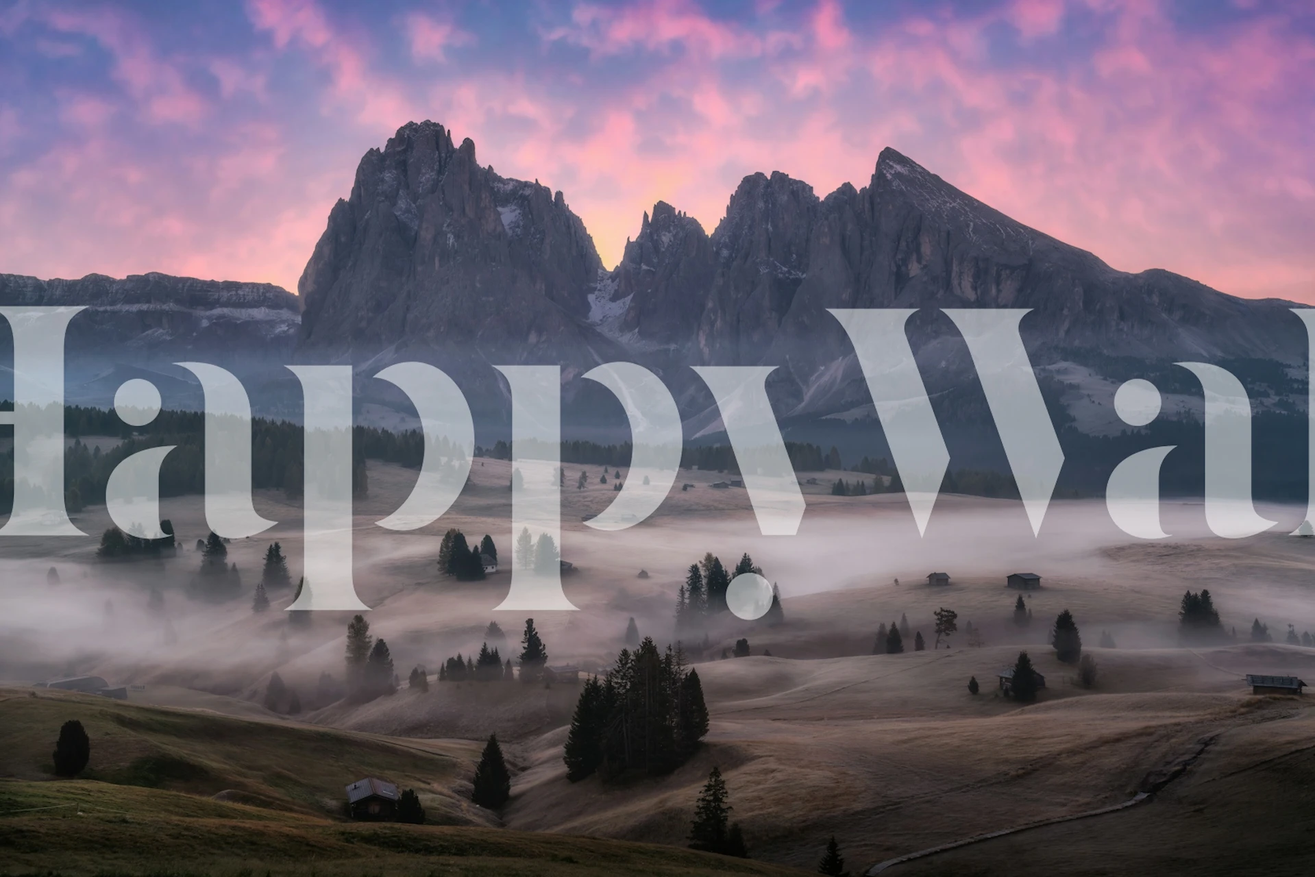 Dolomietengebergte bij zonsopgang met mist over Seiser Alm weidemuurschildering