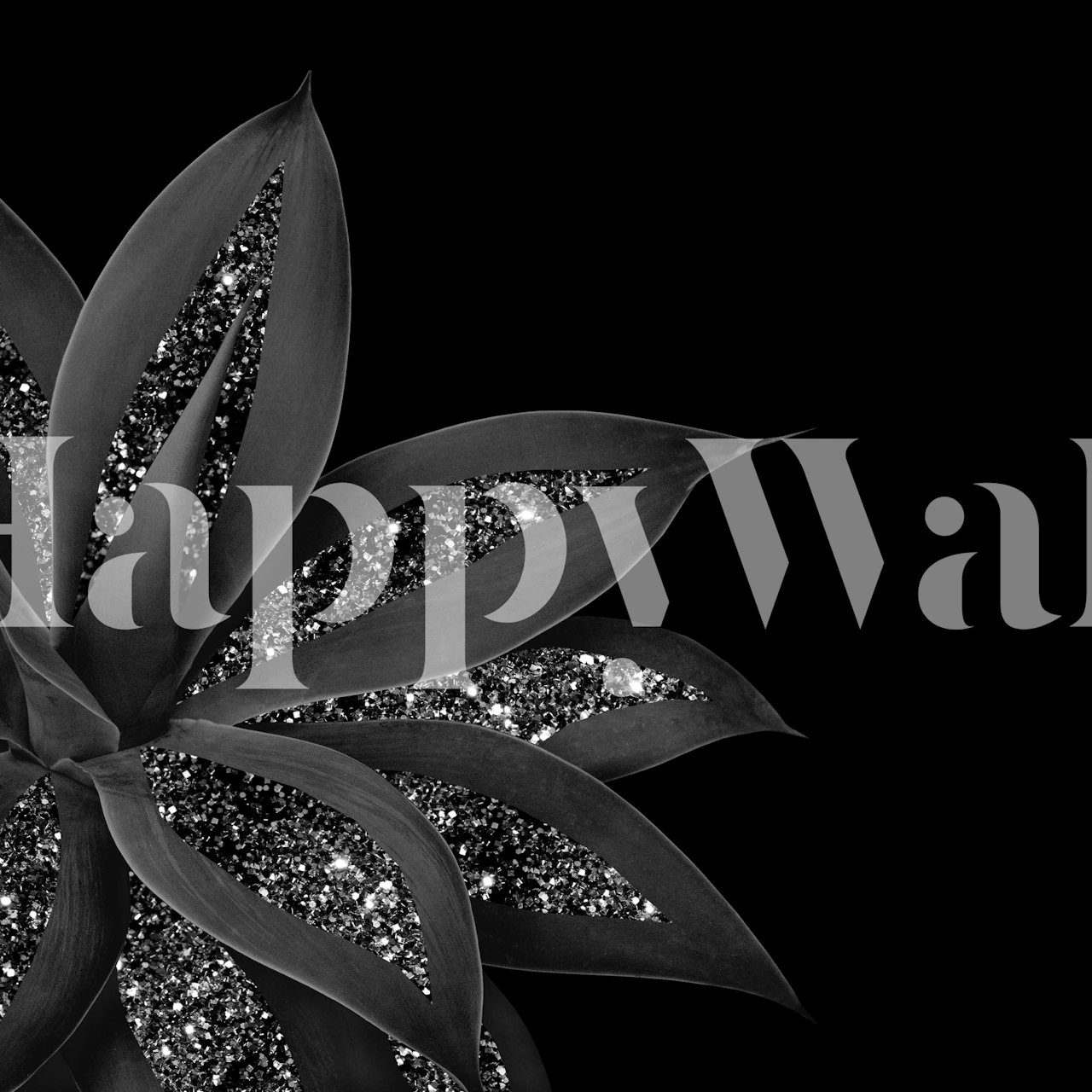 Monochrome agave design wall mural with glitter accent