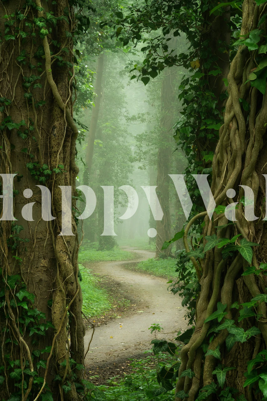 Skogsstiveggmaleri med trestammer og grøntområder