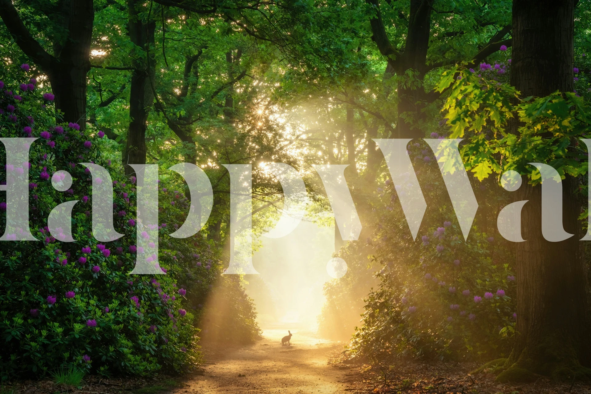 Hare in a sunlit forest surrounded by green trees and purple flowers wallpaper