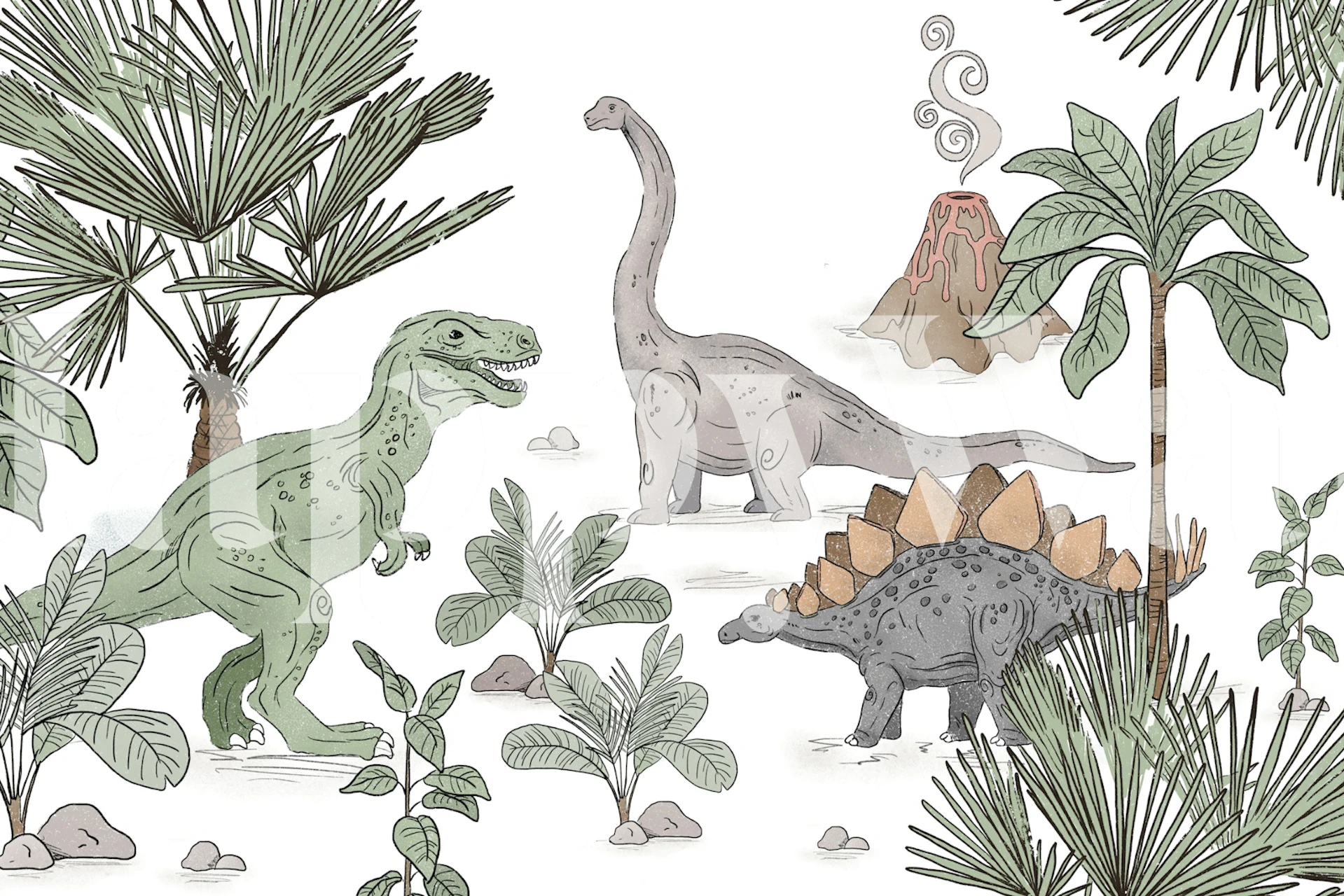 Dinosaurs in a jungle with trees and a volcano wallpaper