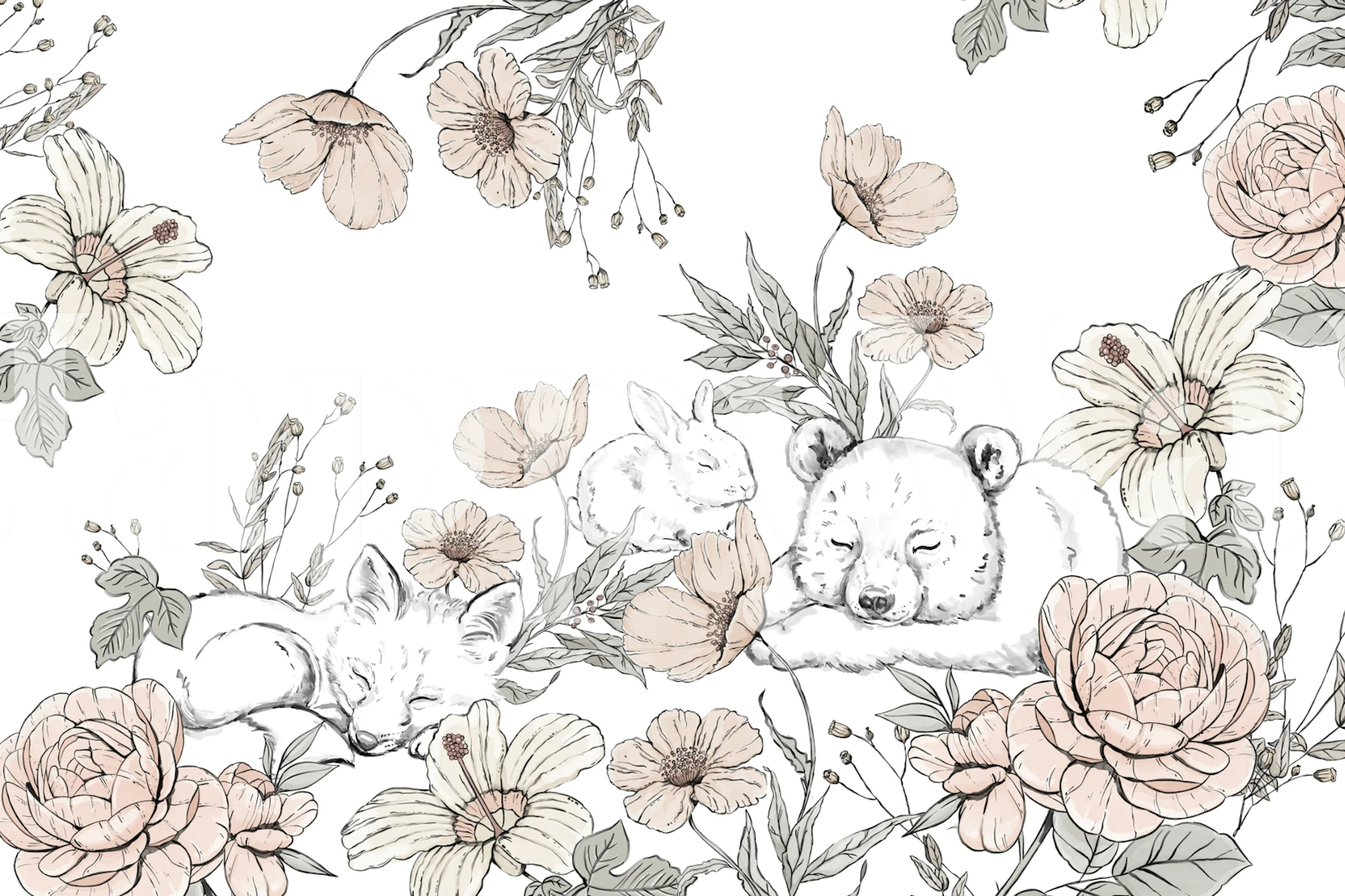 Sleeping woodland animals wallpaper design