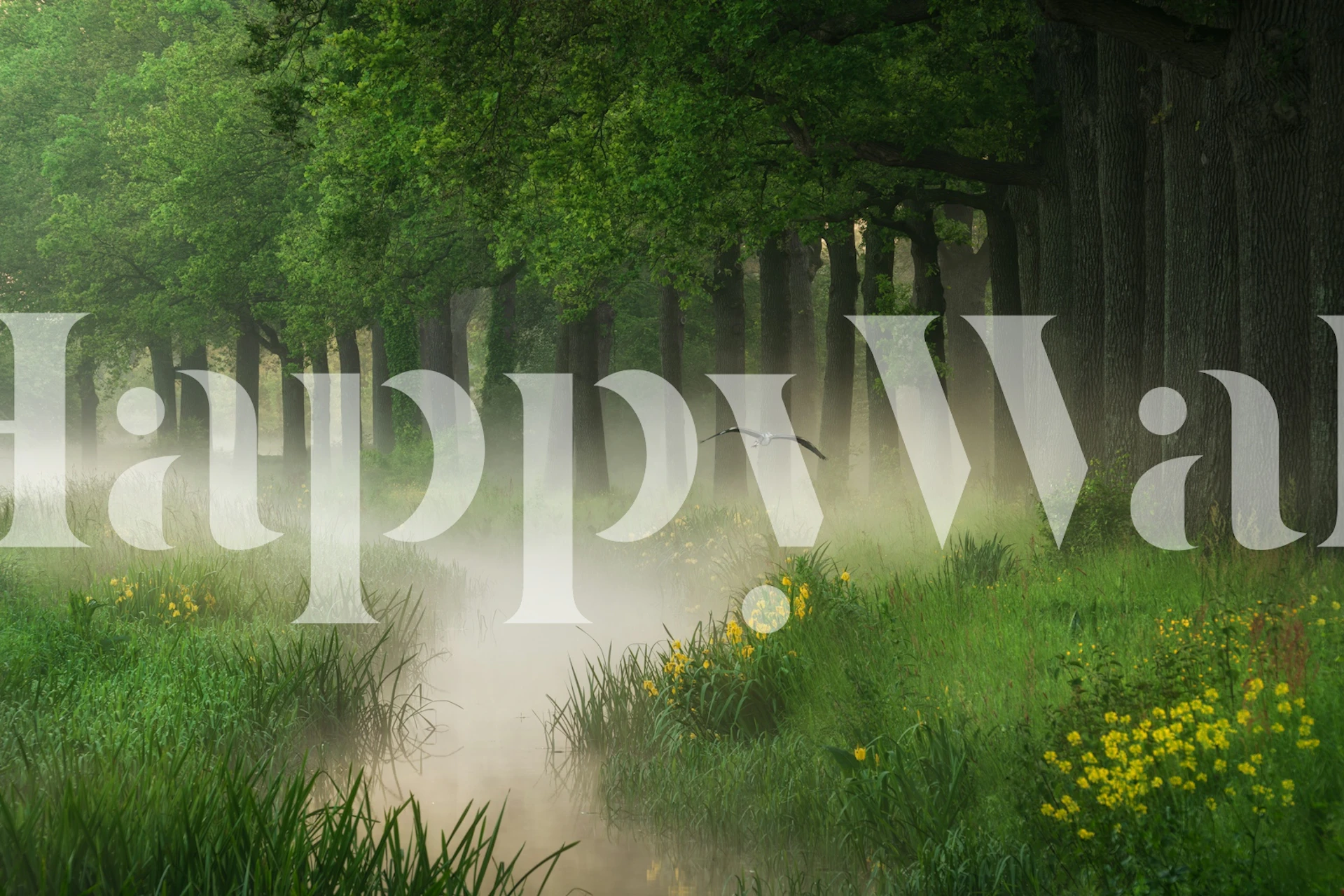 Lush green trees, fog, and yellow wildflowers wallpaper