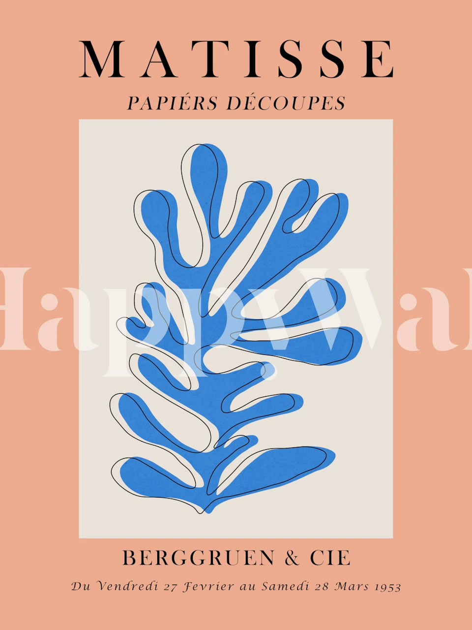 Matisse inspired blue leaf design wall mural on apricot background