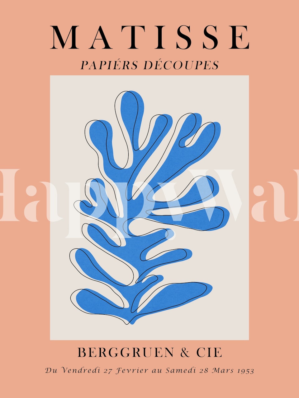 Matisse inspired blue leaf design wall mural on apricot background
