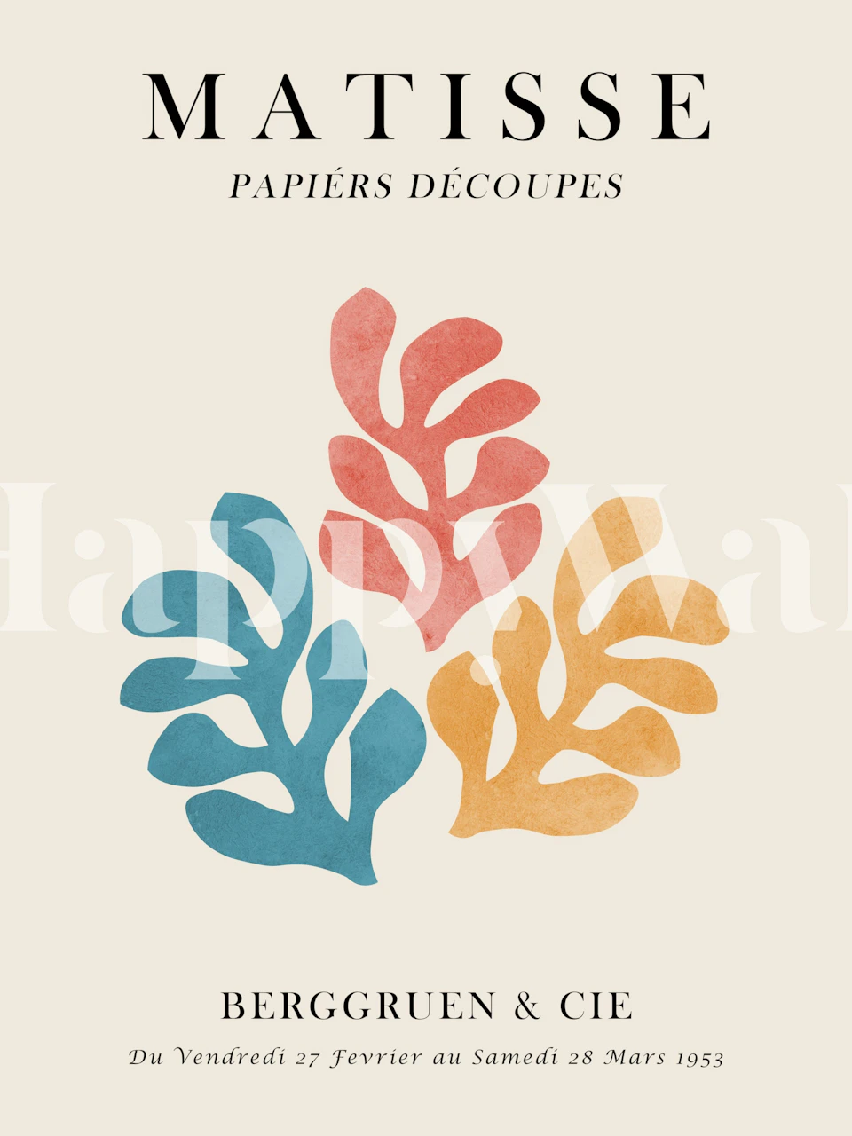 Abstract Matisse-style leaf shapes in coral, mustard, and teal on beige background wall mural