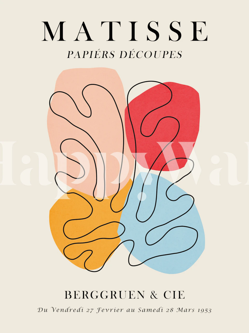 Abstract Matisse cut-out style wall mural with colorful shapes