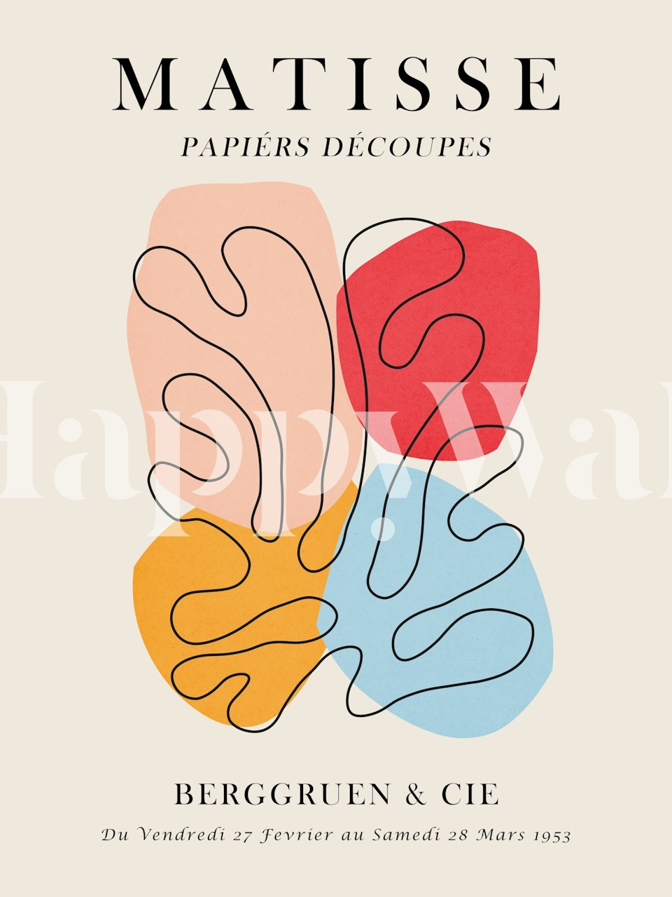 Abstract Matisse cut-out style wall mural with colorful shapes