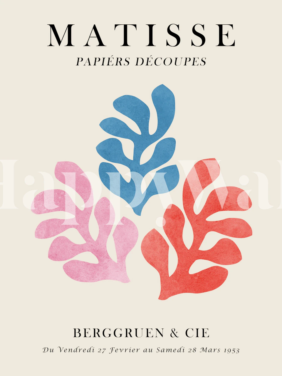 Matisse-style cut-out wall mural with blue and pink shapes