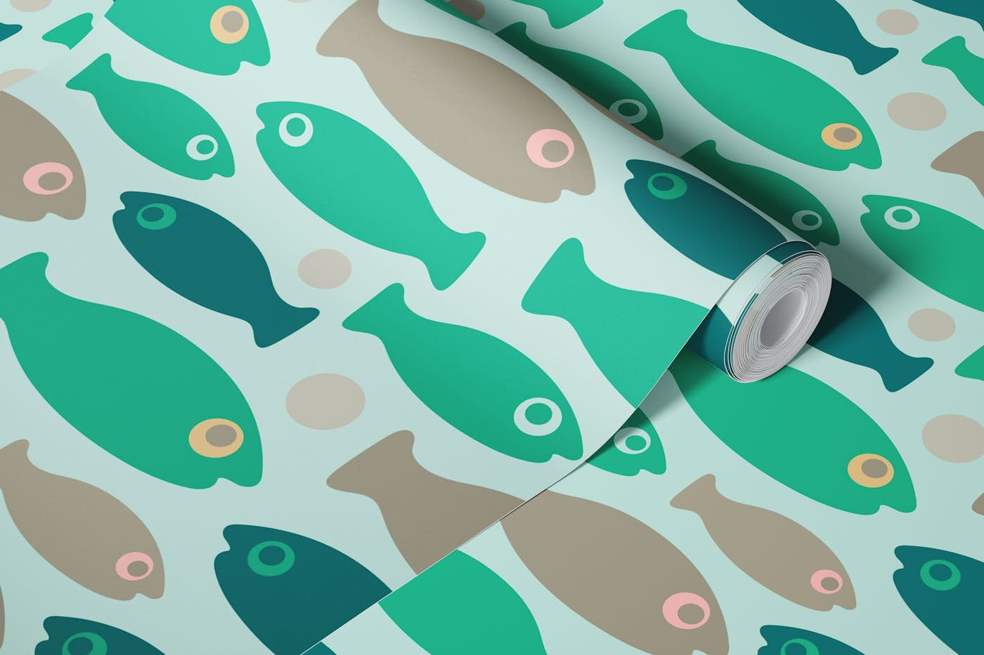 SCHOOL-O-FISH Cute Swimming Ocean Fish Green wallpaper roll