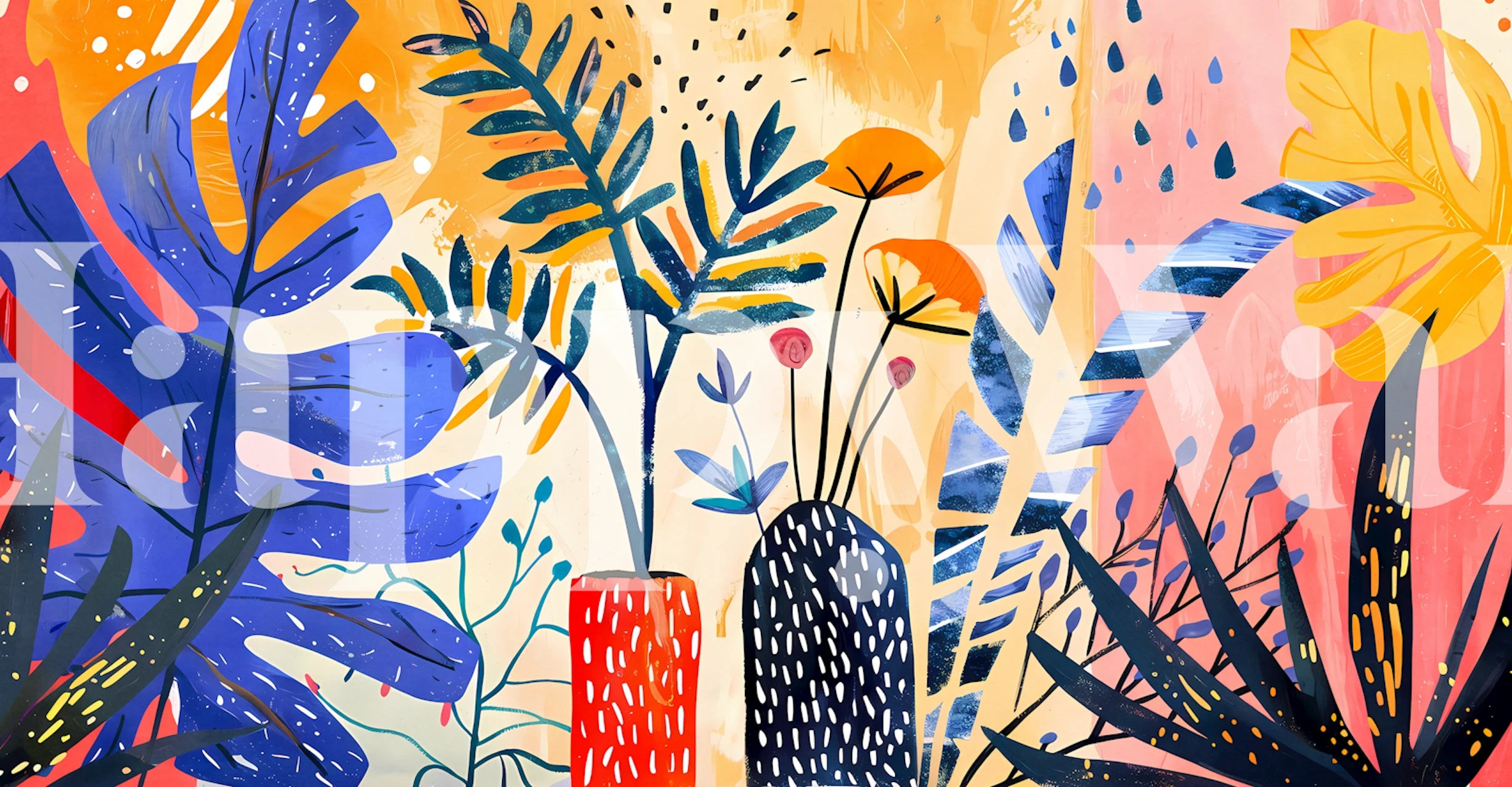 Tropical floral wallpaper featuring colorful plants and bright patterns