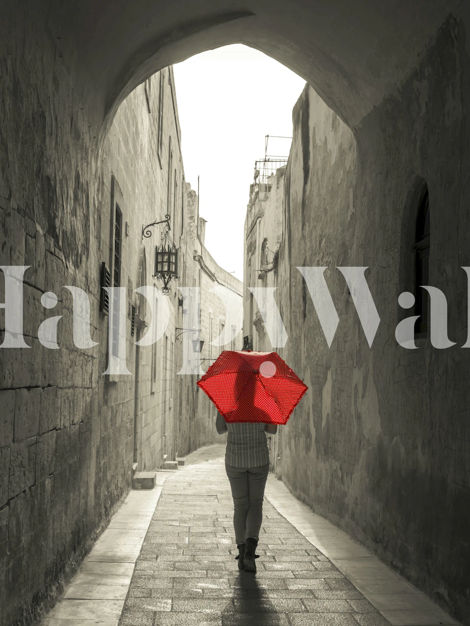 A person walking in an alley with a red umbrella, monochrome wallpaper