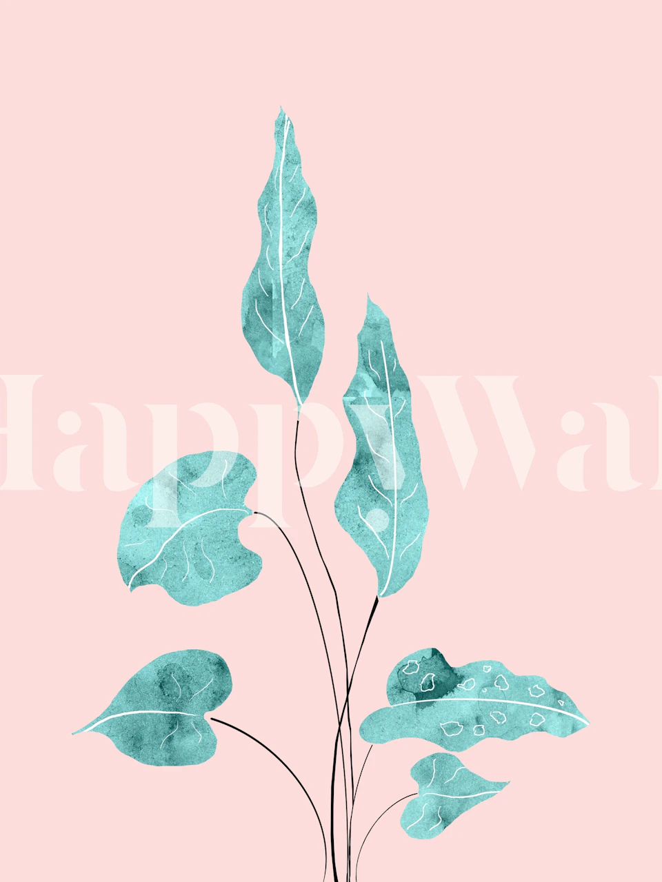 Tropical leaves in teal on a pink background wallpaper