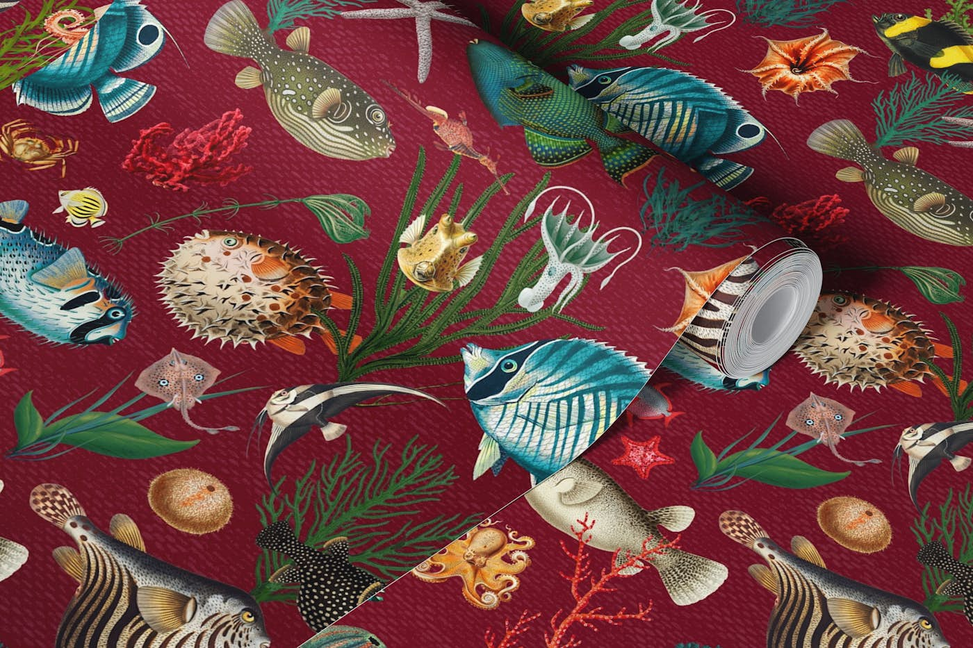 Oceania pattern in burgundy red wallpaper roll