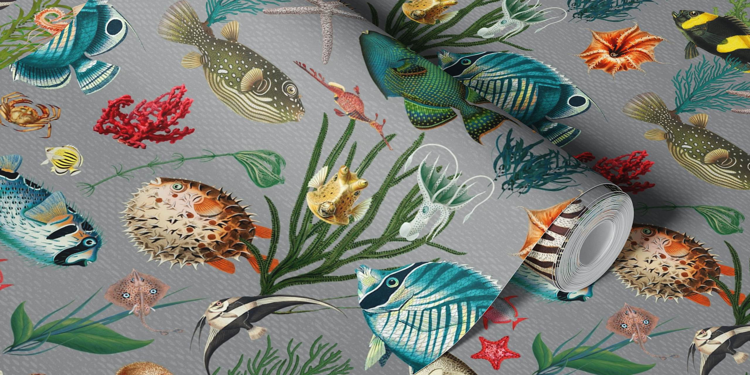 Papel tapiz de patrón Oceania gris con vida marina.