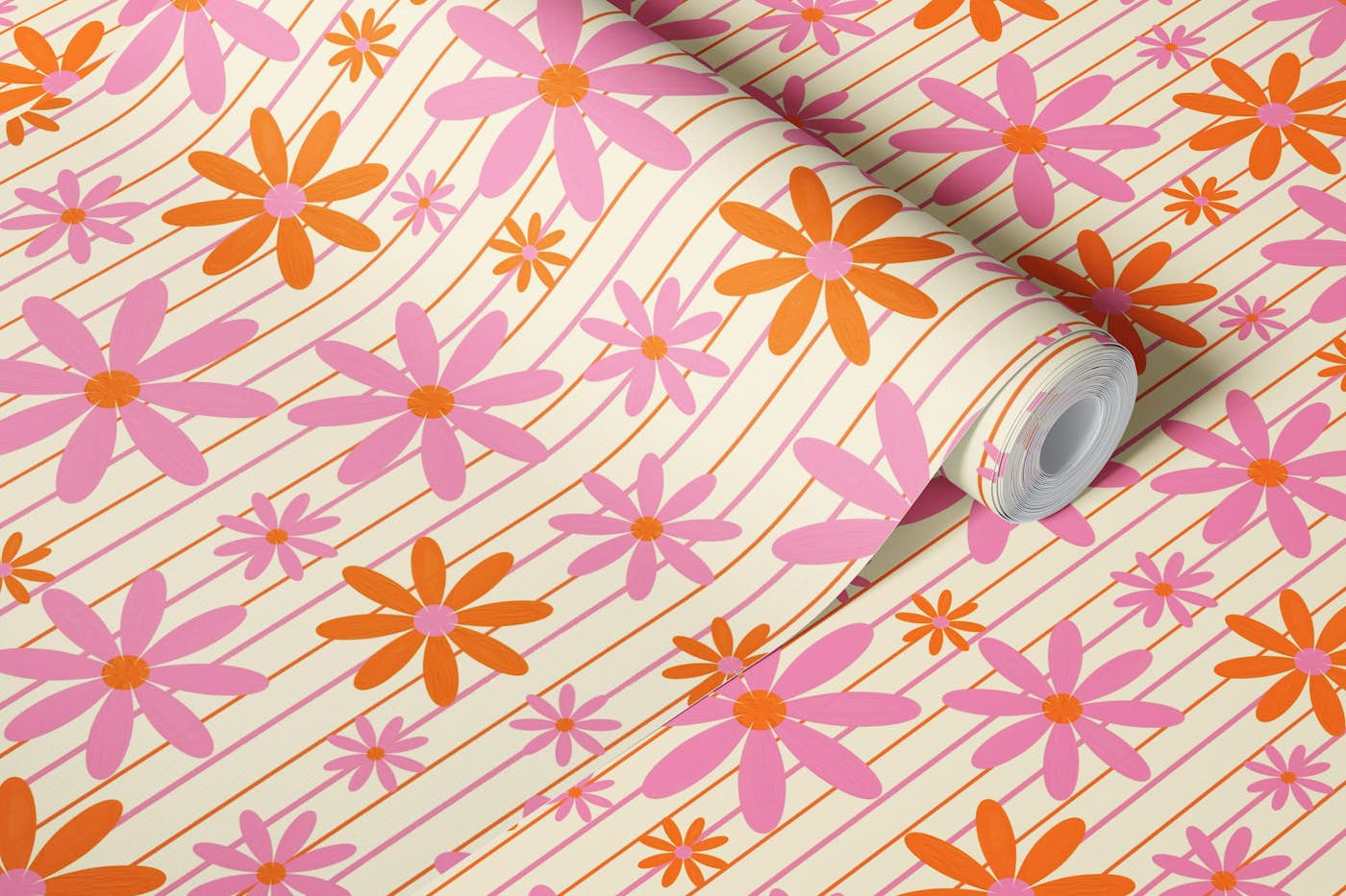 Groovy Daisy Flowers Stripes Pink and Orange wallpaper roll