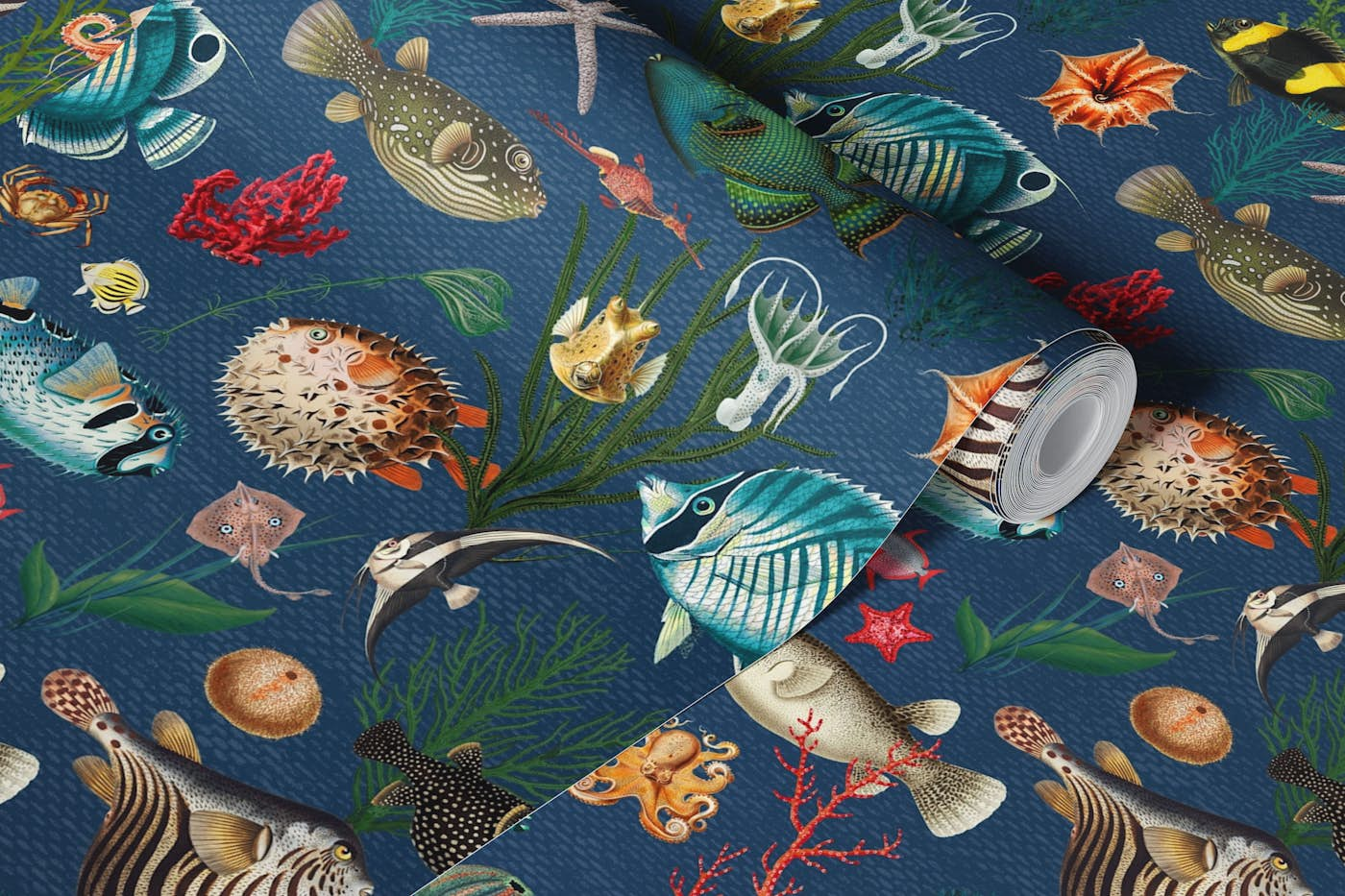 Oceania pattern in marine blue wallpaper roll